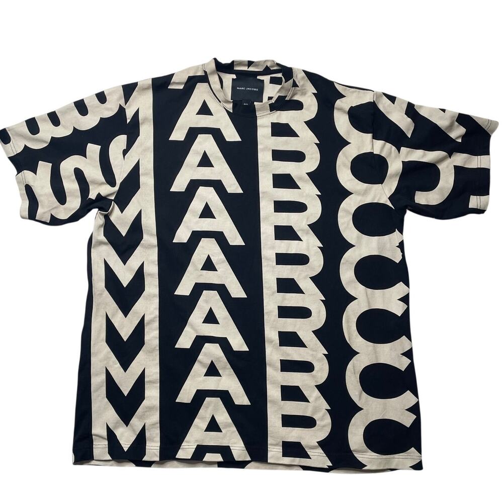 Marc Jacobs Black and Cream Graphic Logo Short Sleeve Tee